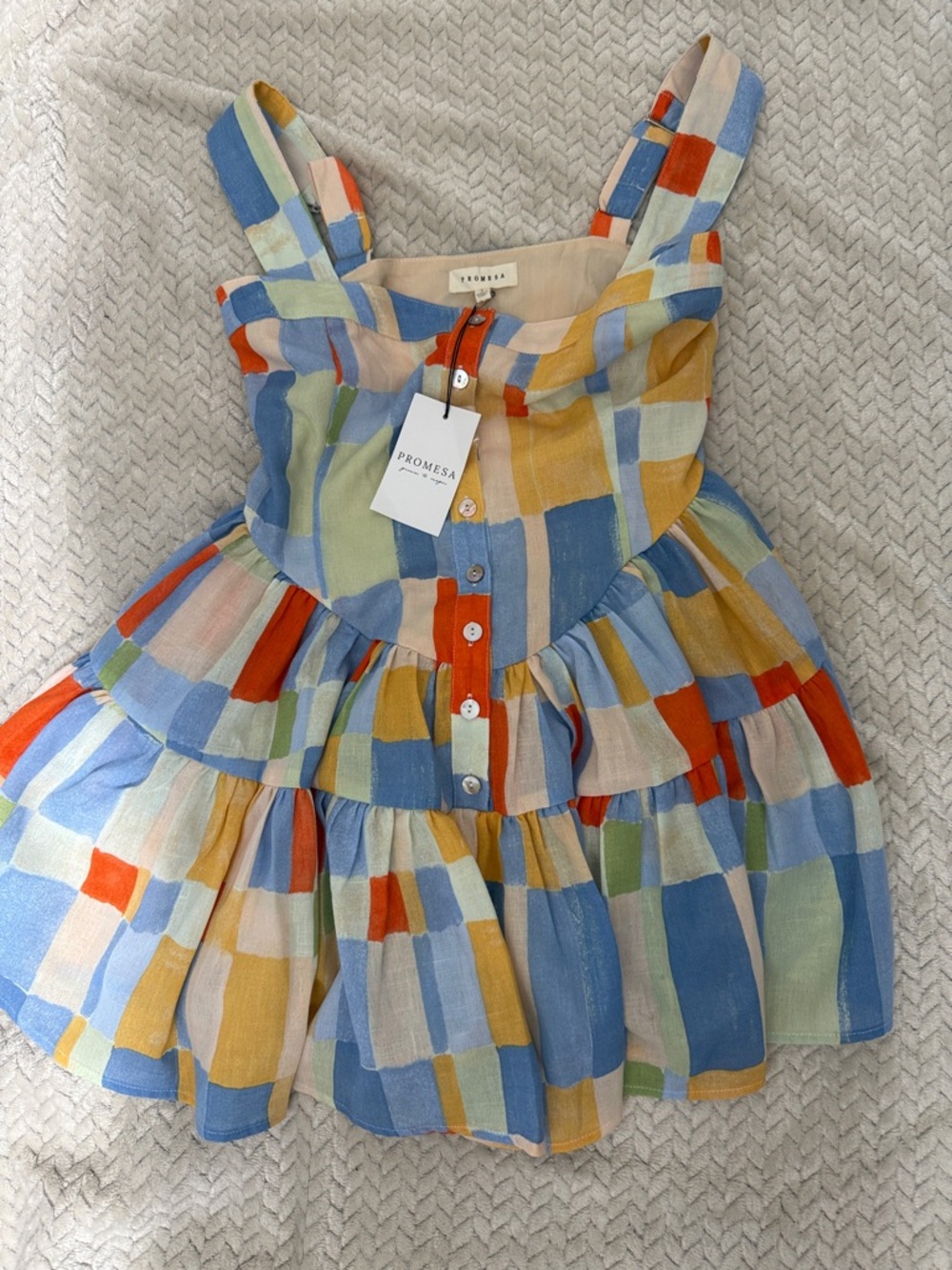 Promesa Multicolor Check Tiered Dress in Blue, Coral & Yellow